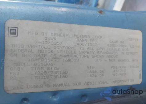 1995 Chevrolet G30 G30 z USA, uszkodzony, nr VIN 1GAFG35K9SF168309